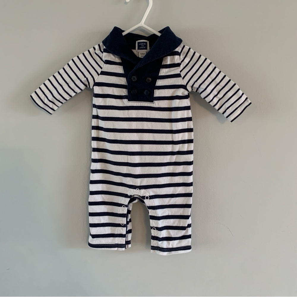 Nautical One Piece Outfit Baby Boy Janie Jack Size 0 3 Months Blue White Striped